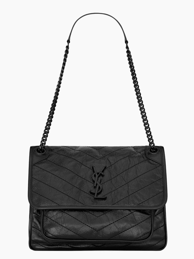 Saint Laurent Niki Medium Shoulder Black Crinklechain-Shoulder Bag With Ysl Logo